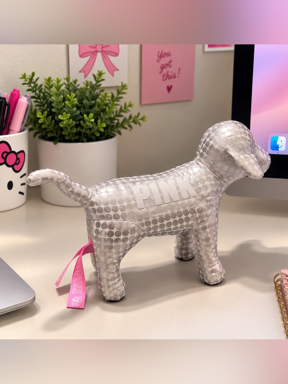 PINK Victoria's Secret Silver Metallic Dot Plush Dog with Pink Ribbon